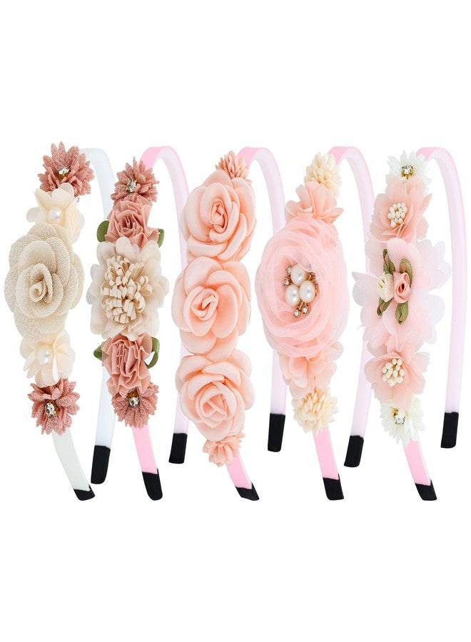 Dizila 5 Pieces Beige Pink Plastic Flower Headbands Floral Hair Bands Hoops Accessories for Baby Girls Toddlers Kids Teens - Image 1